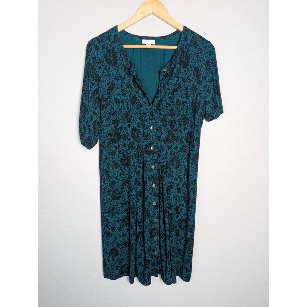 J Jill Dress Womens S Green Floral Shirt Dress 3/4‎ Sleeve Button V-Neck